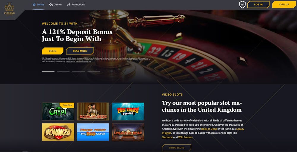 The 21 Casino lobby shows that new players in the UK can get a 121% deposit bonus