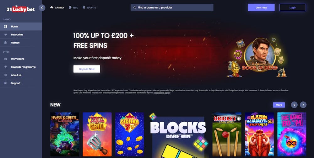 Within the main lobby of 21LuckyBet Casino, we can see that UK players can nab a 100% up to £200 welcome bonus including free spins for Book of Dead