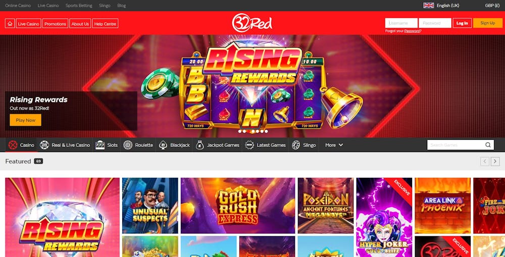 The main 32Red Casino lobby shows a promotion for the Rising Rewards games and a selection of other casino games 