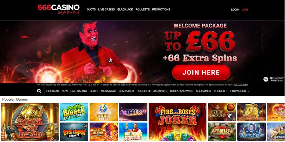 The main lobby at 666 Casino shows the devilish welcome bonus of £66 + 66 free spins