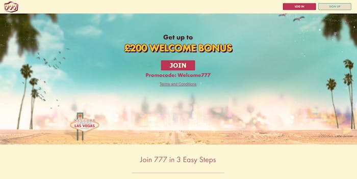 The main lobby at 777 Casino shows the Las Vegas desert and informs new UK players that they can claim a £200 welcome bonus