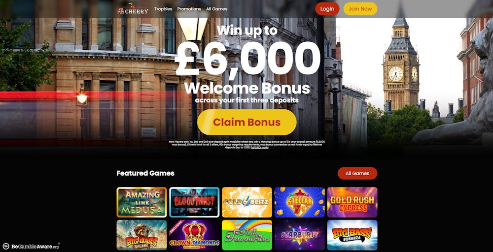 The main lobby of 777 Cherry Casino shows that new UK players can grab up to £6,000 in welcome bonuses against a backdrop depicting Big Ben in Westminster, London