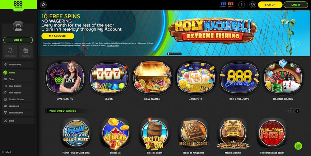 The main lobby at 888 Casino shows that new UK players can grab 10 free spins right from the off