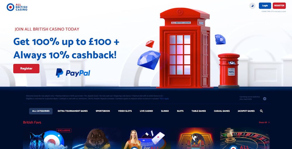 The main lobby of All British Casino shows that new players can get 100% up to £100 and 10% cashback