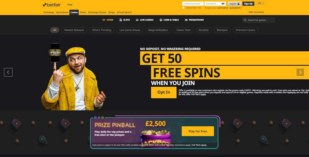 The main casino lobby at Betfair shows that new players can grab 50 free spins on registration