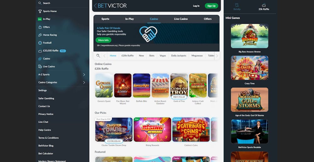 The main lobby of BetVictor Casino show a variety of promotions, games and sports betting options