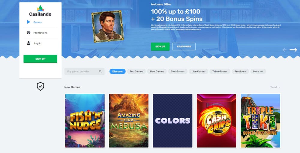 The main lobby at Casilando Casino shows you can get a welcome bonus of 100% up to £100 plus 20 bonus spins for Book of Dead