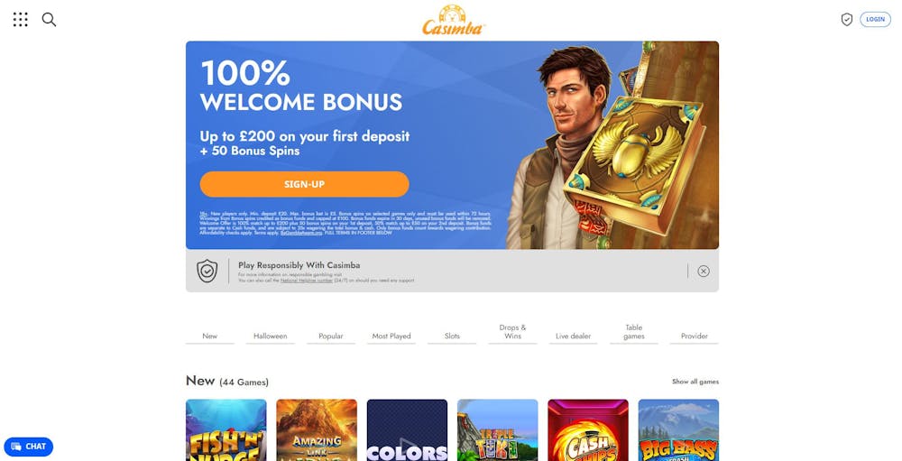 The main lobby of Casimba Casino shows that new UK players can get a 100% welcome bonus worth up to £200 plus 50 free spins