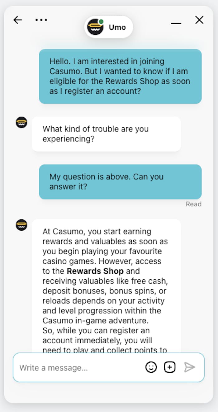Casumo Live Chat transcript