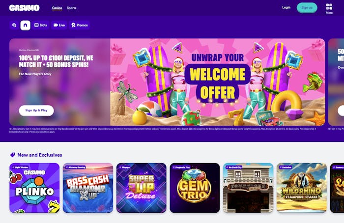 Casumo Welcome Bonus banner on the UK homepage