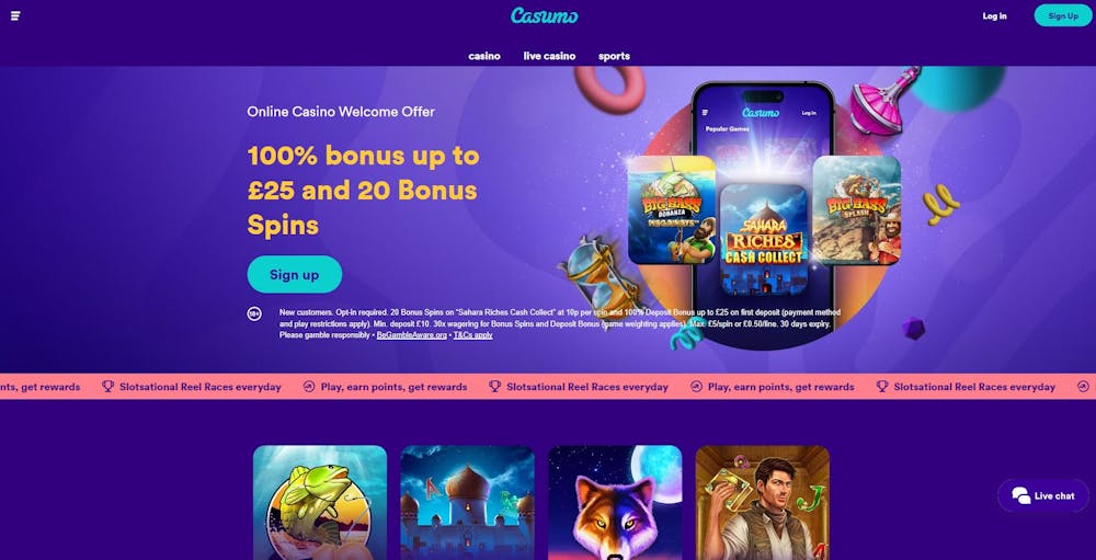 From the main lobby, we can see that Casumo offers new UK players a 100% bonus up to £25 and 20 free spins