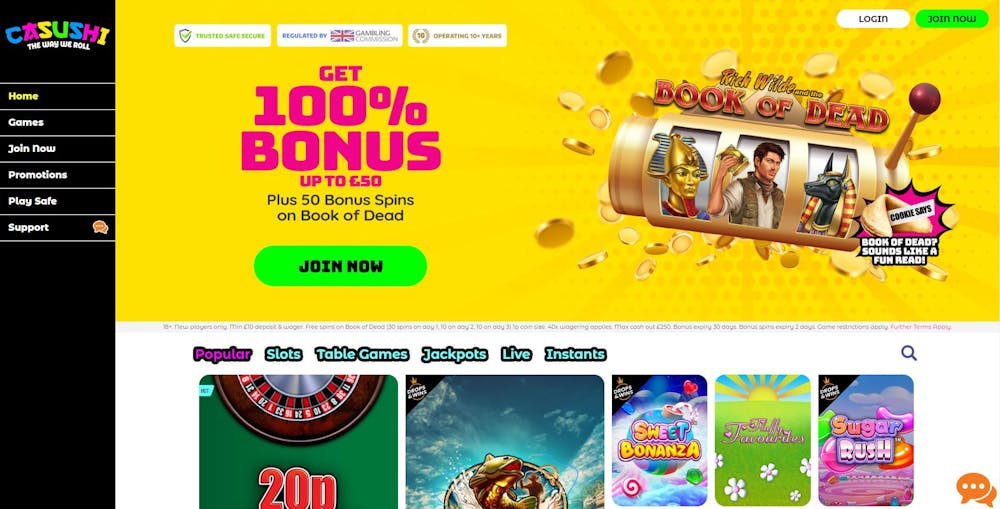 The main Casushi Casino shows that new players in the UK can get a 100% bonus worth up to £50