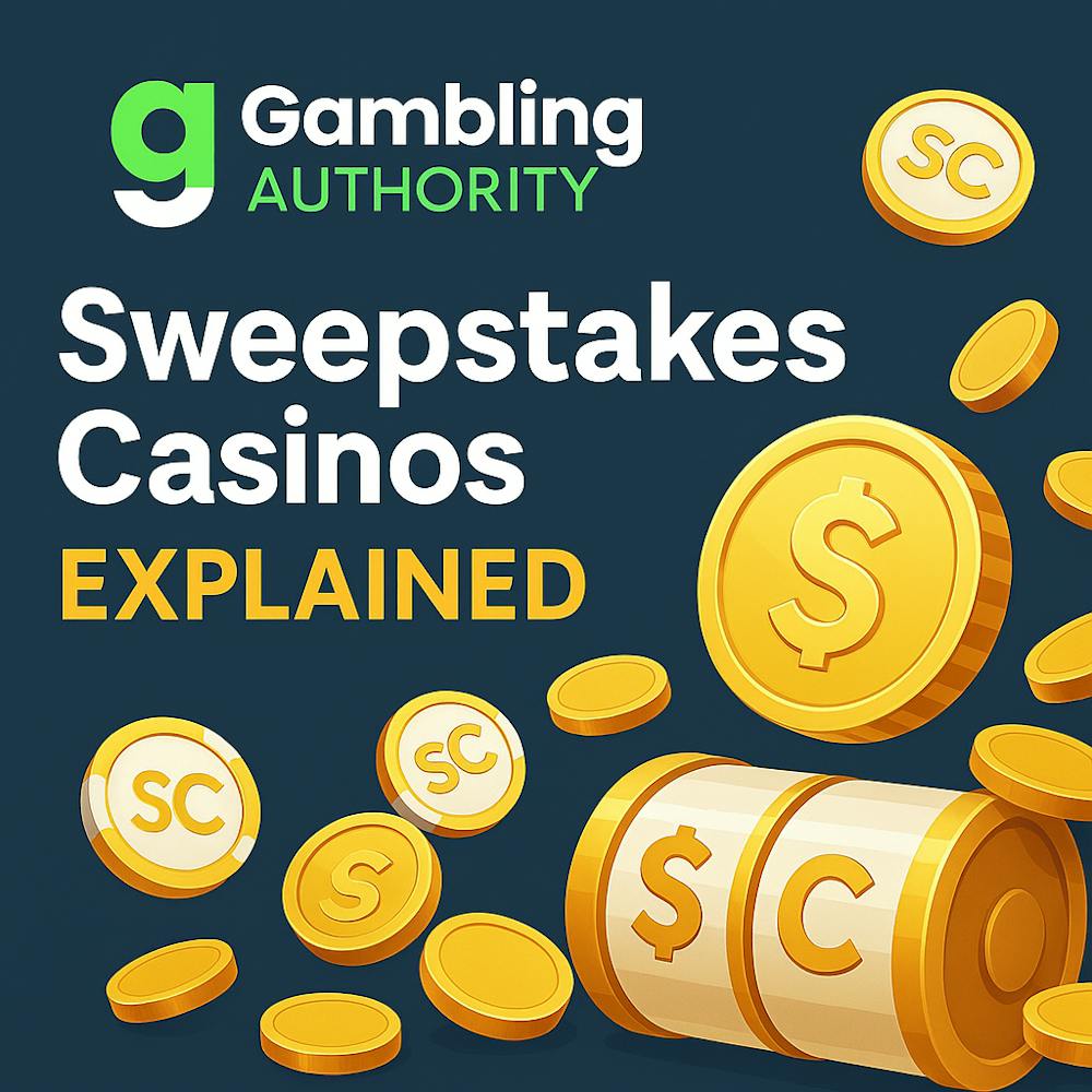 GamblingAuthority logo with coins and title Sweepstakes Casinos Explained
