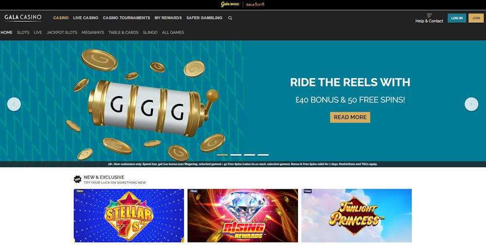 The main lobby of Gala Casino UK shows a £40 new player bonus and 50 free spins