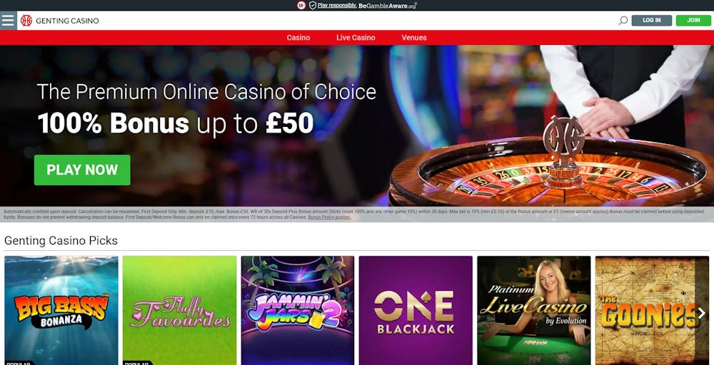 The main lobby at Genting Casino shows that new UK players can get a 100% welcome bonus worth up to £50