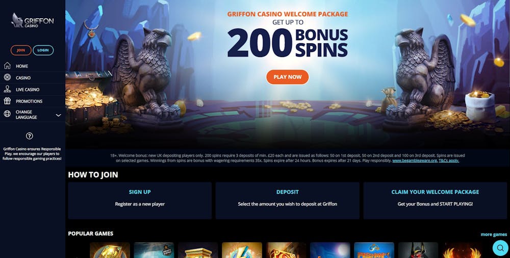 You can grab 200 bonus spins when signing up and making a small deposit at Griffon Casino