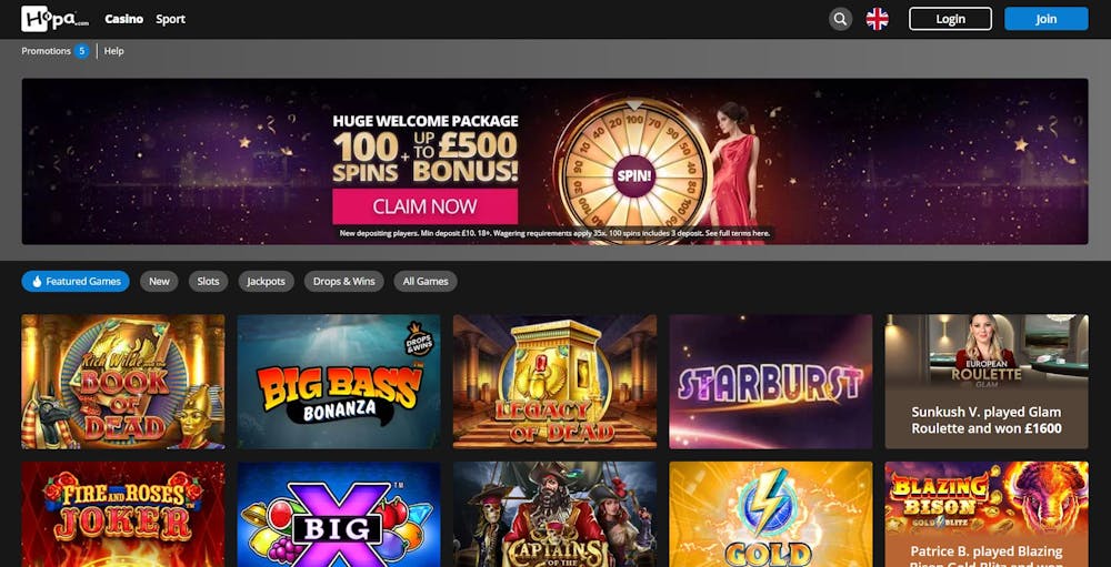 On the main Hopa Casino lobby, new UK players can claim a 100% bonus worth up to £500