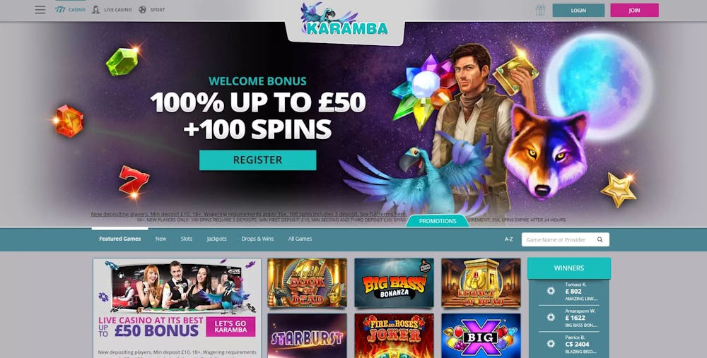 The main lobby at Karamba Casino shows a 100% welcome bonus of £50 plus 100 free spins