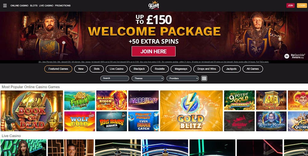 The main lobby of King Casino shows a variety of casino games and a welcome bonus of £150 and 50 free spins