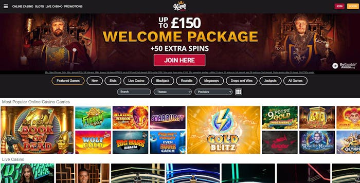 The main lobby of King Casino shows a variety of casino games and a welcome bonus of £150 and 50 free spins