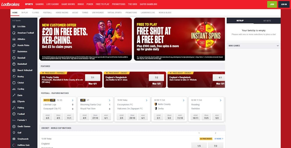 The main lobby at Ladbrokes Casino focuses on the £20 free bets deal available to new UK players