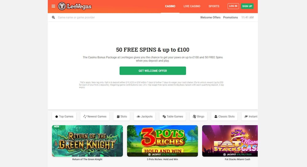 The sign up page at LeoVegas Casino shows new players in the UK can get a £100 bonus and 50 free spins