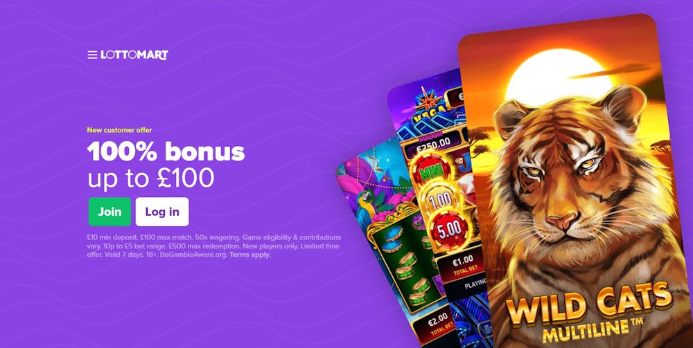 The main Lottomart Casino lobby shows that new UK players can get a 100% bonus worth up to £100