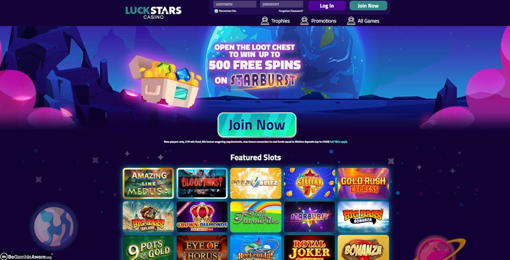 The main lobby of Luckstars Casino offers new UK players up to 500 free spins on Starburst