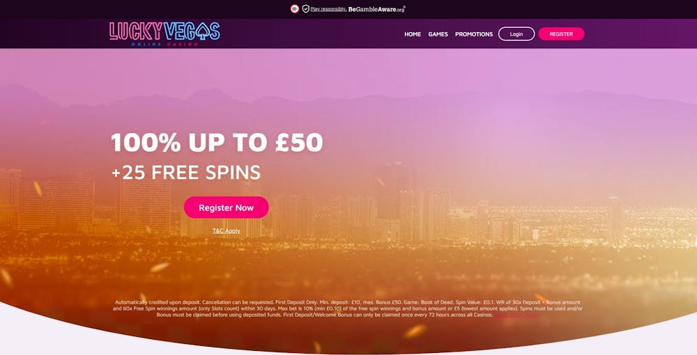 The main lobby of Lucky Vegas Casino shows that UK players can nab a 100% up to £50 bonus plus 25 free spins