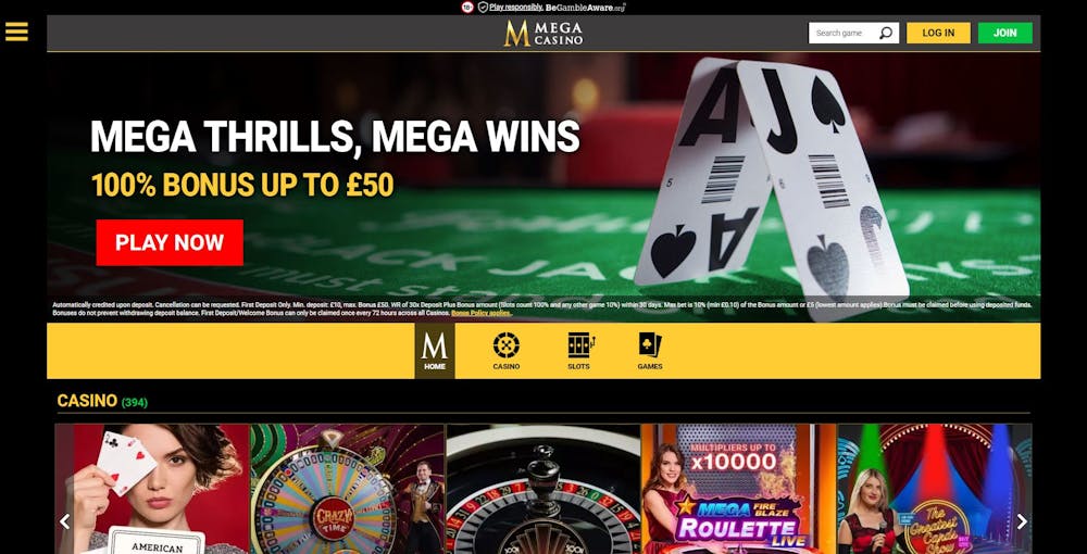 The main lobby of Mega Casino shows that new UK players can nab a 100% welcome bonus worth up to £50