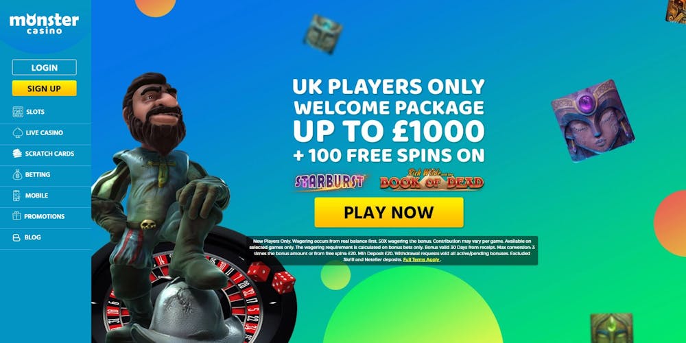 Monster Casino homepage showing Welcome Bonus offer