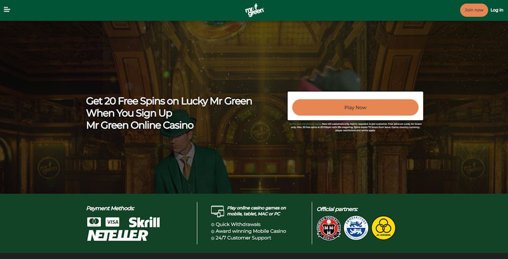 The sign up page for Mr Green Casino shows that you can claim 20 free spins for Lucky Mr Green