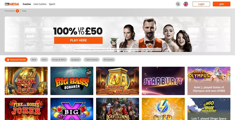 New players at MrMega Casino can grab a 100% up to £50 bonus on the main lobby