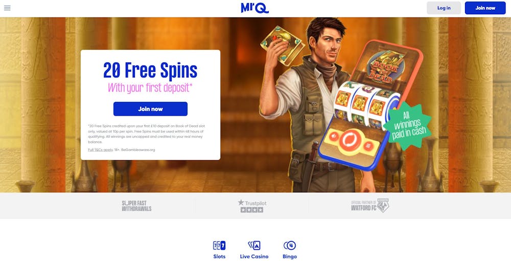 MrQ Casino homepage displaying welcome bonus
