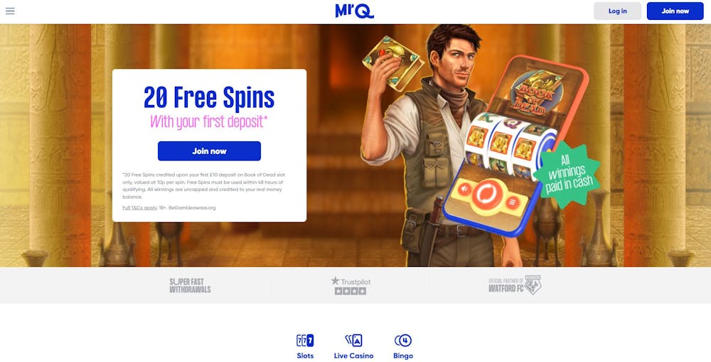 The main lobby at MrQ Casino shows that new players can get 20 free spins on their first deposit