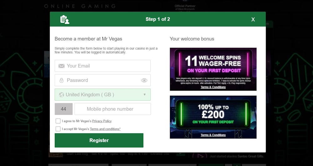 The Mr Vegas registration page shows that UK players can get a 100% welcome bonus of up to £200 and 11 wager-free spins