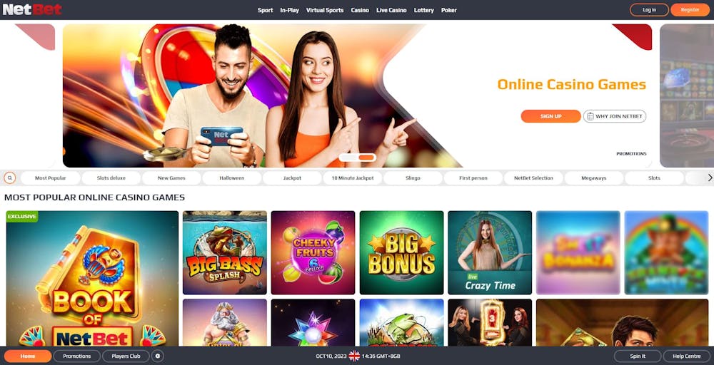 The main lobby of NetBet Casino shows a range of games and promotions for UK players