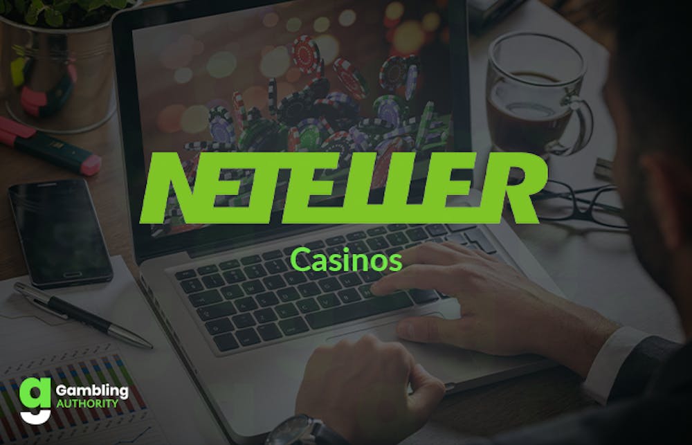 Neteller logo with a player using Neteller to deposit with Boku at an online casino on a laptop device