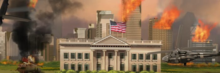 Image showing white house with city behind on fire