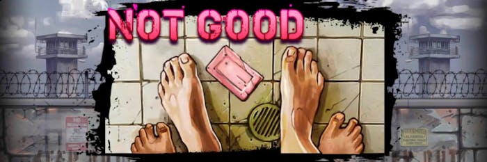 Image showing two pair of feet in a shower, and a soap on the floor with text saying: not good