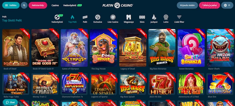 The main lobby of Platincasino shows a huge range of casino games