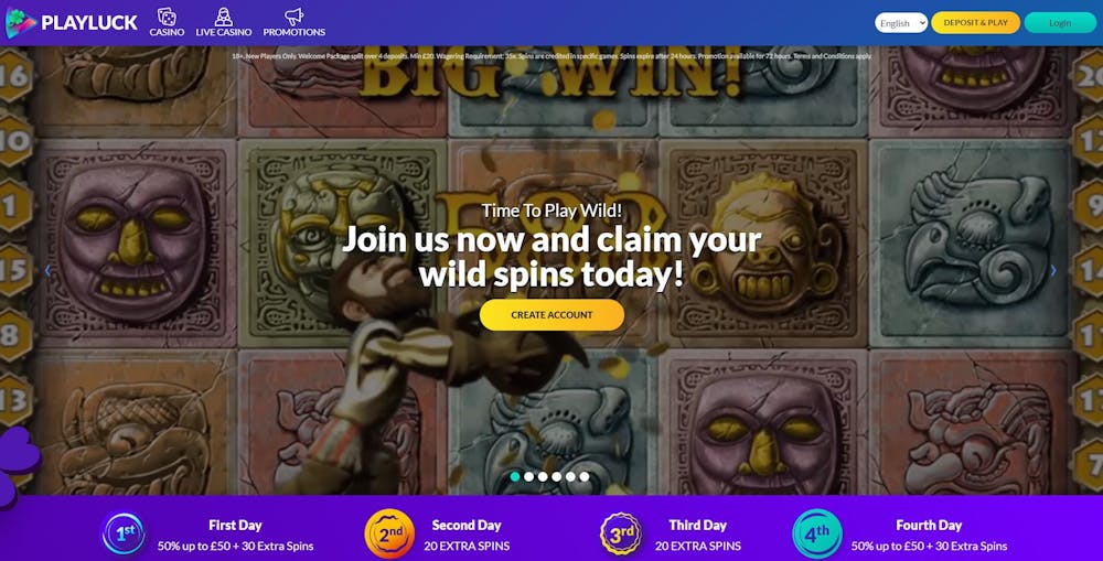 Playluck Casino's main lobby entices new players with a wild spins welcome offer