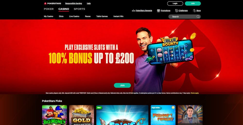 The main lobby at PokerStars Casino shows that new UK players can get a 100% welcome bonus worth up to £200