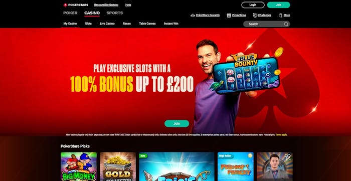 The main lobby at PokerStars Casino shows that new UK players can get a 100% welcome bonus worth up to £200