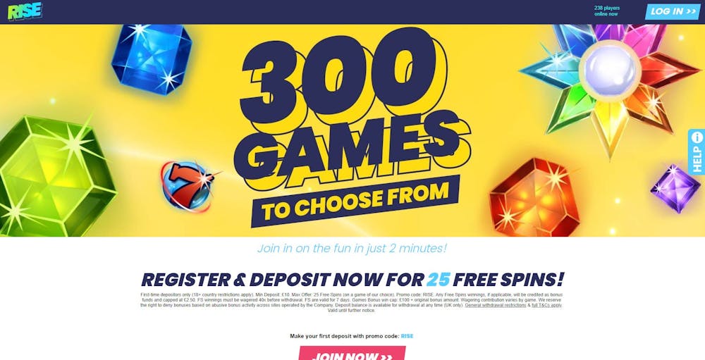 The Rise casino homepage shows that UK players can get 25 free spins and play more than 300 games