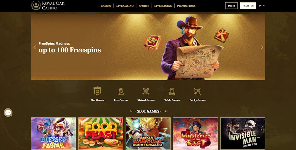 The main lobby at Royal Oak Casino shows that new UK players can get 100 free spins