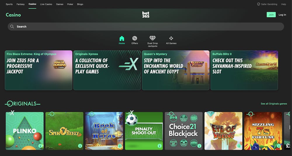 The main bet365 Casino lobby shows a range of promotions alongside a carousel of bet365 games called Originals