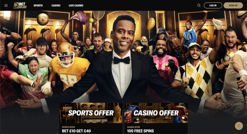 The main lobby at BetMGM Casino shows comedian Chris Rock and that new UK players can choose between a £40 free bet on sports or 100 free spins for the casino