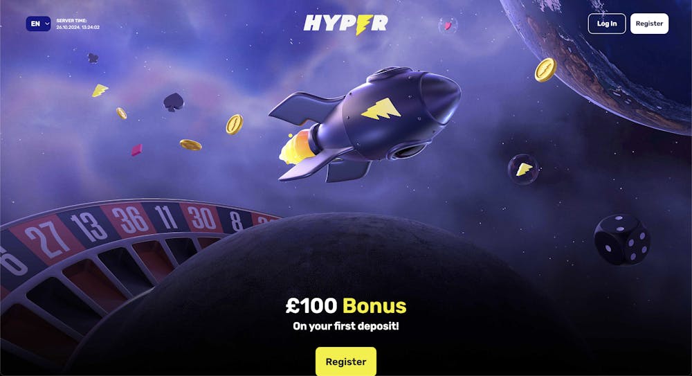 The space-themed main lobby at Hyper Casino shows that new UK players can grab a £100 on their first deposit