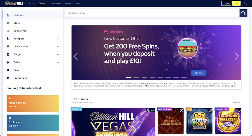 The main lobby at William Hill Vegas shows that new players in the UK can get 200 free spins for Big Bass Splash when depositing £10 and entering the bonus code BBS200